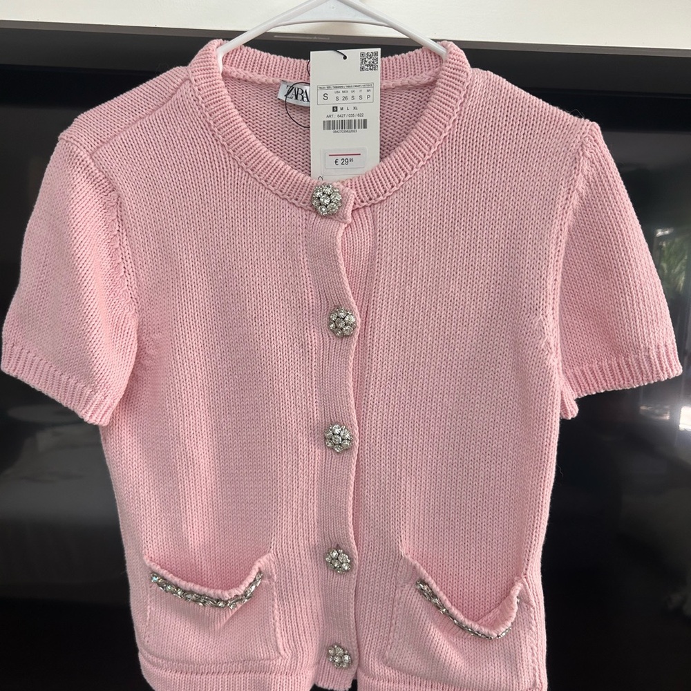 zara. pink knit short sleeve. rhinestone sweater.  NWT SMALL